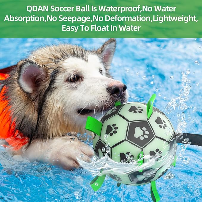 QDAN Premium Dog Ball, Glow in The Dark Dog Toys, Light Up Soccer Ball for Dogs, Outdoor Dog Toys, Doggy Water Toy, Puppy Birthday Gifts for Small Medium (6 Inch)