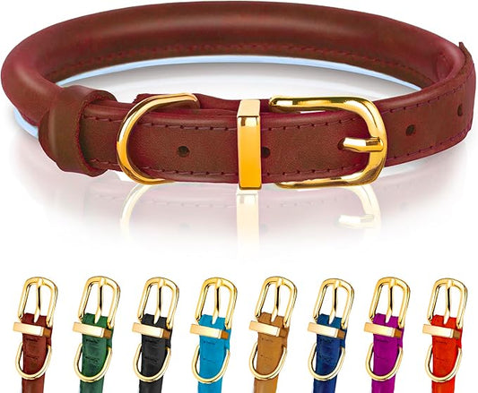 OOPSDOGGY Reflective Rolled Leather Dog Collar Adjustable Soft Padded Pet Collar for Small Medium Large Breed Dogs (Brown, XXS, 7"-9")