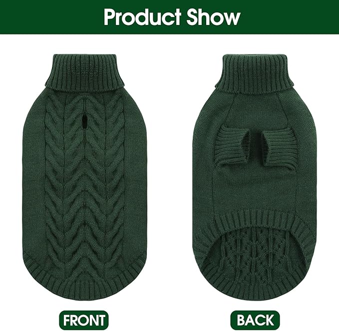 Dog Sweaters for Large Dogs Classic Turtleneck Dog Christmas Sweater Thick Warm Pullover Male Puppy Pet Stretch Knitwear Fall Winter Clothes with Leash Hole(Green, L)