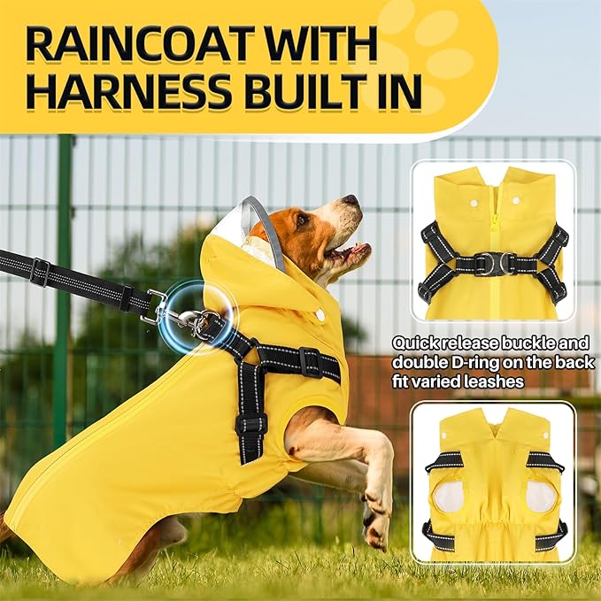 SlowTon Dog Raincoat Waterproof - Dog Rain Jacket with Harness and Hood Lightweight, Reflective Dogs Rain Coat for Large Medium Small Dogs Girl Boy Puppy Poncho Pet Clothes (Yellow, S)