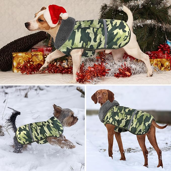 Dogcheer Warm Dog Coat, Waterproof Dog Jacket Reflective Adjustable Puppy Winter Coat with Buckle, Christmas Pet Snow Jacket Turtleneck Fleece Sweater for Small Medium Large Dogs- Camo Green, 2XL