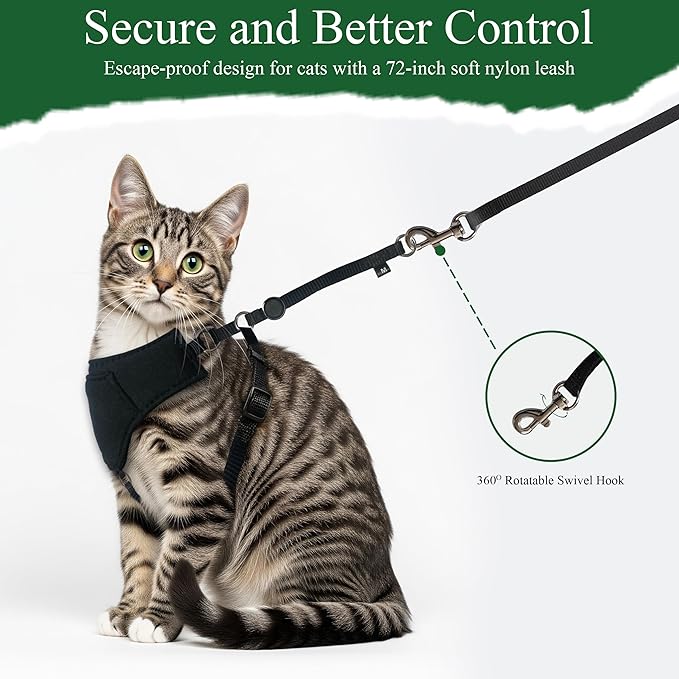 A1HC Escape Proof Cat Harness and Leash - Soft Adjustable Vest, Comfortable Mesh and Long Strips with Air Tag Pocket, Easy Control, Safe Walking Harness for Cats & Kittens - Black (Small)