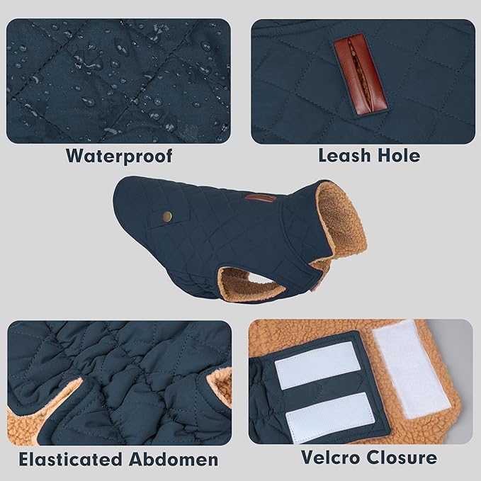 azuza Dog Jacket Waterproof & Windproof Dog Coat for Small Dogs with Thick Fleece, High Collar with Leash Hole, Adjustable Velcro & Elastic Belly, Navy, S
