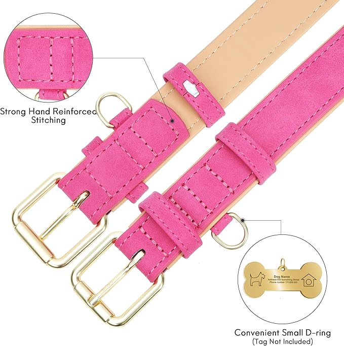 Leather Dog Collar for Small Medium Large Dogs, Soft Padded Dog Leather Collar with Heavy Duty Gold Buckle, Durable & Comfortable for Puppy Dogs Daily Walking (Hot Pink, XS)