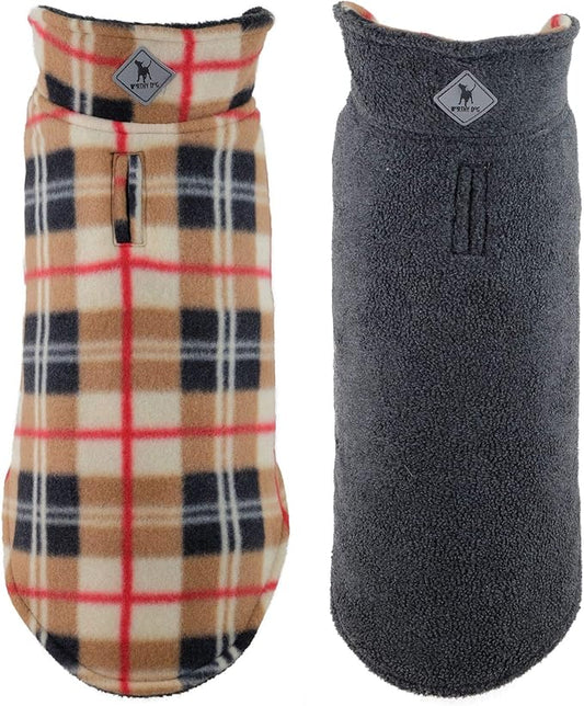 The Worthy Dog Fargo Fleece Check Dog Jacket, Adjustable Reversible with Harness Hole, Wind-Resistant, Winter Outdoor Clothes for Pets, Tan - 16''