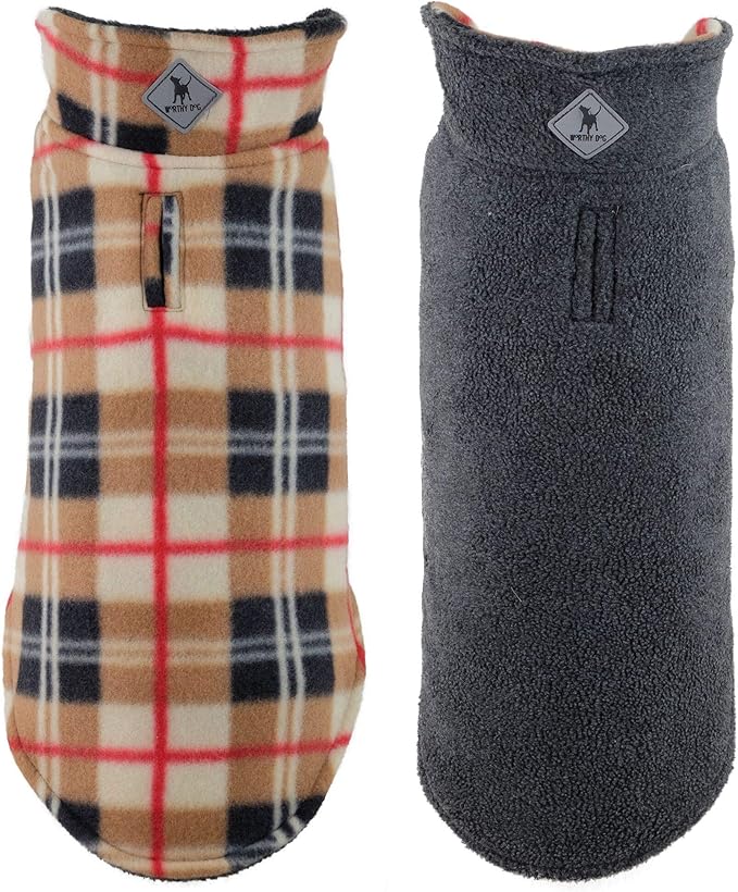 The Worthy Dog Fargo Fleece Plaid Dog Jacket, Adjustable Reversible with Harness Hole, Wind-Resistant, Winter Outdoor Clothes for Pets, Tan - 8''