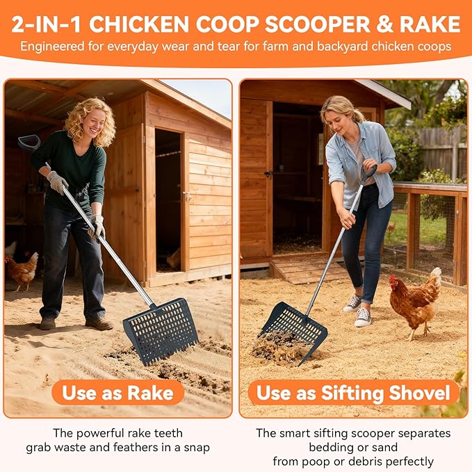 Chicken Poop Scooper & Rake 2-in-1, Pooper Scooper with 13in Wider PP Head & Adjustable Stainless Steel Handle, 33''-69'' Sand Sifting Shovel Litter Scooper for Chicken Coop/Small Farm Animals, Gray