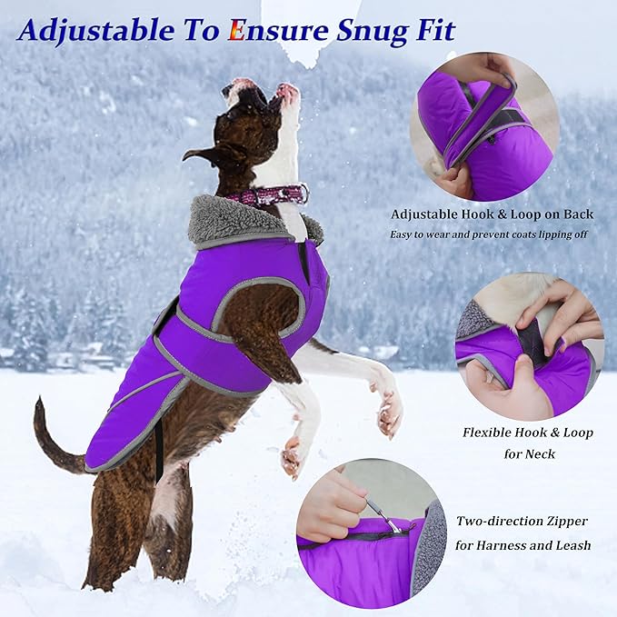 Dogcheer Dog Coat, Waterproof Dog Jacket Reflective Pet Winter Coat with Adjustable Hook & Loop, Christmas Puppy Fleece Jacket Warm Turtleneck Snowsuit for Small Medium Large Dogs - Purple, M