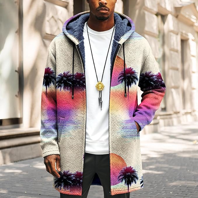 LIZALIG Long Hooded Cardigan Men Japanese Art Style Fashion Cool Graphic Coats Winter Warm Lined Fleece Jacket