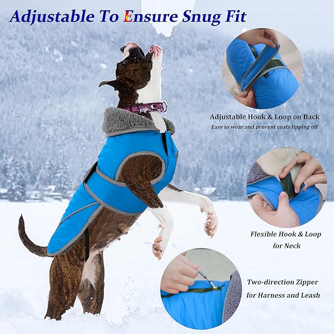 Dogcheer Dog Coat, Waterproof Dog Jacket Reflective Pet Winter Coat with Adjustable Hook & Loop, Christmas Puppy Fleece Jacket Warm Turtleneck Snowsuit for Small Medium Large Dogs - Sky Blue, L