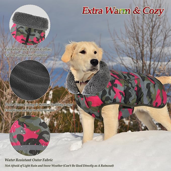 Dogcheer Warm Dog Coat, Waterproof Dog Jacket Reflective Adjustable Puppy Winter Coat with Buckle, Christmas Pet Snow Jacket Turtleneck Fleece Sweater for Small Medium Large Dogs - Camo Pink, M