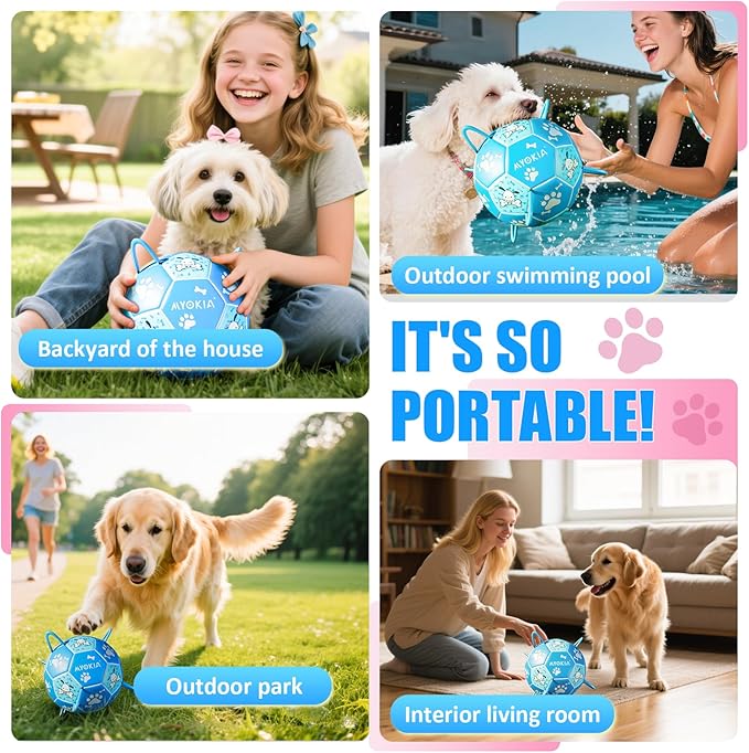Size 3 Blue Dog Soccer Ball with Straps Eye-Catching Bone and Paw Print Design, Ultra-Durable Training Ball for Pets Interactive Outdoor Dog Toy, Perfect for Medium & Large Puppies