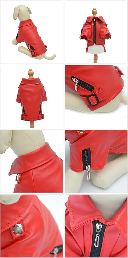 Lovelonglong Cool Dog Leather Jacket, Warm Coats Dogs Windproof Cold Weather Coats for Large Medium Small Dogs, Miniature Schnauzers Clothing Red L