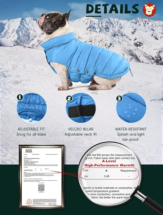 SPACE LION Dog Puffer Jacket, Down Winter Coat, Durable Outdoor Coat for Cold and Windy Conditions, Waterproof, Lightweight Jacket, Adjustable Fit for Small, Medium, Large Dogs(Alaskan Blue,20/XL)