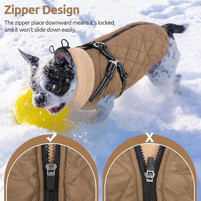 Queenmore Dog Jacket, Dog Coats for Large Dogs, Large Pet Coat with Harness Built in, Thick Fleece Snow Jacket for Extra Large Breeds, Waterproof Windproof Pet Apparel Cold Weather, Brown 3XL
