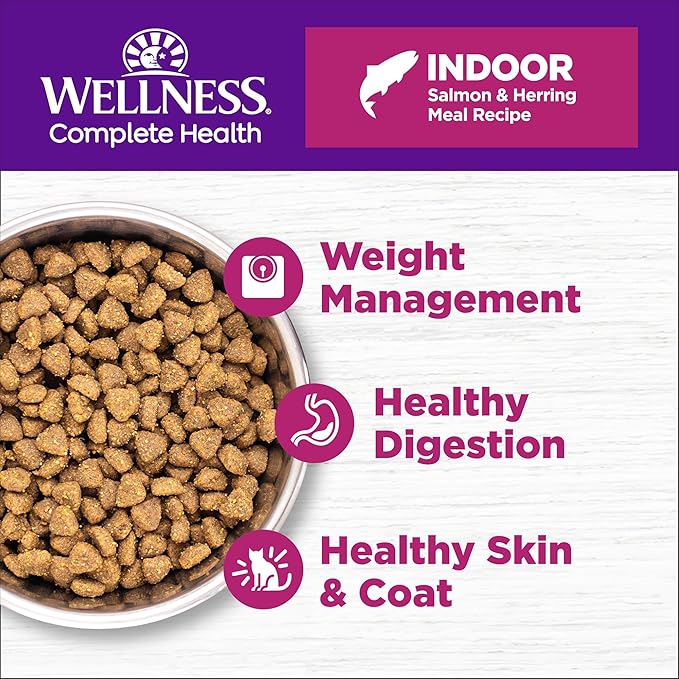 Wellness Complete Health Adult Dry Cat Food for Indoor Cats, Grain Free, Natural, Salmon and Herring Meal (11.5 Pound Bag)