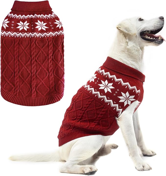 Warm Winter Pink Dog Sweater - Cold Weather Pet Clothes for Small Medium Large Dogs Indoor Outdoor, Soft Classic Knit Puppy Apparel Coat, Dark Red, XL