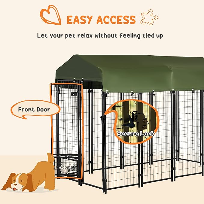 PawHut 8' x 4' x 6' Dog Kennel Outside, Welded Wire Outdoor Dog Kennel Run with 360° Rotating Bowls, Waterproof & UV Resistant Cover, for S&M&L Breeds, Chickens, Ducks, Green