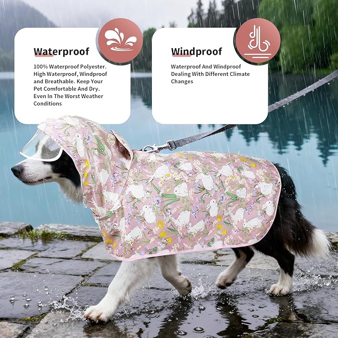 Dog Raincoat, Waterproof Windproof Dog Rain Jacket with Hood, Rain Coat with Leash Hole, Adjustable Raincoat Poncho for Small Medium Large Dogs Outdoor (Pink, X-Large)