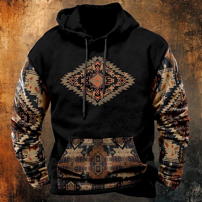 HOTYD Mens Western Aztec Sweatshirts Long Sleeve Fall Fashion Drawstring Pullover Vintage Graphic Cowboy Hoodie for Men