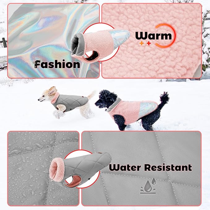 EMUST Dog Jacket, Warm Reversible Dog Winter Coat with Fleece Lining, Thick Plush Puppy Coats, Pink, XL