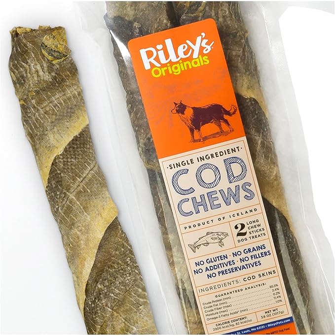 Riley's Cod Skins for Dogs - Air Dried Single Ingredient Dog Treats - Long, Hand Wrapped Cod Skin Dog Treats - Sustainably Caught in Iceland - 2 Pack 10 inch Chew Sticks
