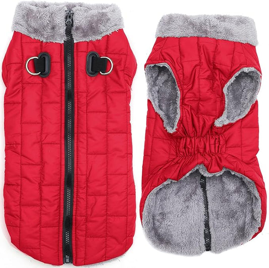 Warm Fleece Dog Coats with Durable Harness Buitl in D-Ring,Waterproof Puppy Jacket for Small Dogs,Dog Vest for Cold Winter,Red M