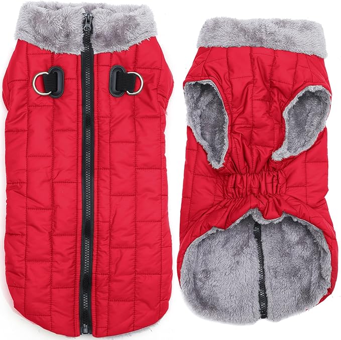 Warm Fleece Dog Coats with Durable Harness Buitl in D-Ring,Waterproof Doggie Jacket for Large Dogs,Dog Vest for Cold Winter,Red XXL