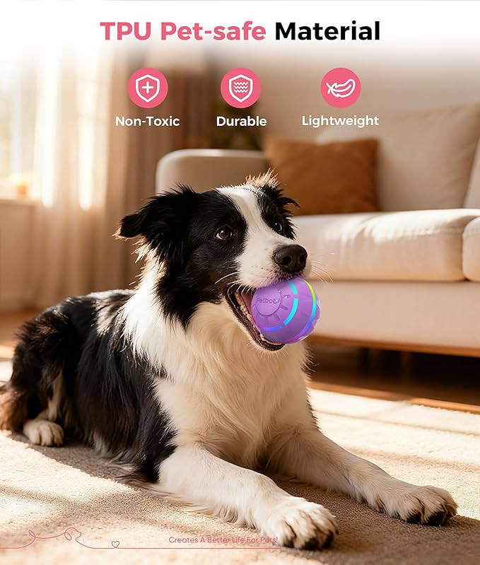 Petbobi Interactive Dog Toys – USB Rechargeable Automatic Rolling Ball with LED Light, Smart Bouncing Ball for Small Medium Pets to Exercise, Durable TPU Shell, Dog Toys to Keep Them Busy, Purple