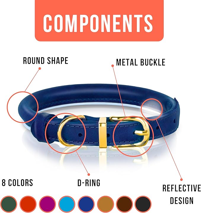 OOPSDOGGY Reflective Rolled Leather Dog Collar Adjustable Soft Padded Pet Collar for Small Medium Large Breed Dogs (Blue, M, 12"-15")