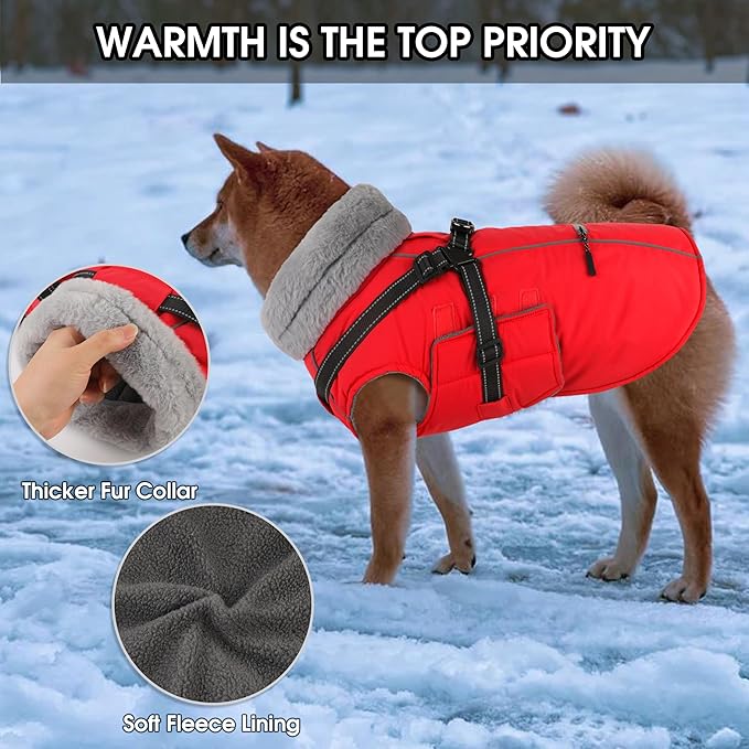 PETDSH Dog Coat Small, Built-in Harness Dog Jacket with Warm Fleece Lining, Waterproof Reflective Dogs Winter Coat, Pet Coats with Pocket and Trash Bags (Red, Small)