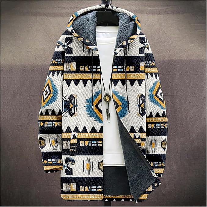 Mens Aztec Print Hoodie Heavyweight Cotton Fleece Jacket Zip Up Warm Long Sleeve Hooded Winter Midi Coat