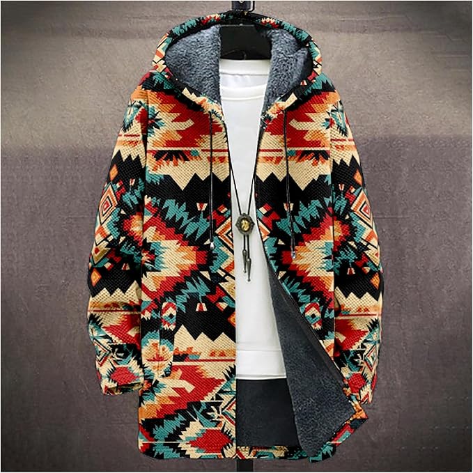 Mens Aztec Print Hoodie Heavyweight Cotton Fleece Jacket Zip Up Warm Long Sleeve Hooded Winter Midi Coat