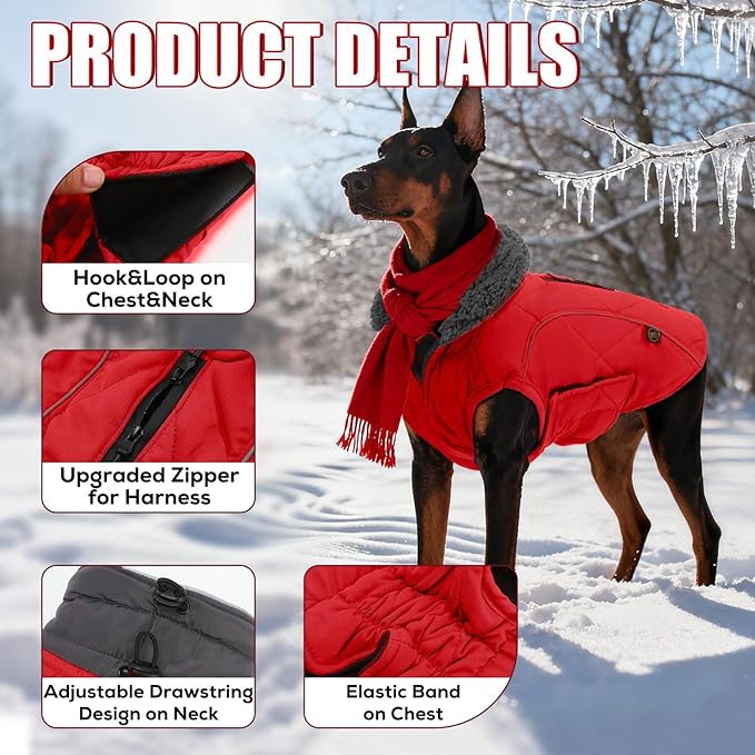 EMUST Winter Coat for Large Dogs, Windproof Dog Jacket for Cold Weather, Extra Warm Dog Winter Clothes for Small Medium Large Dogs, Red, XXL