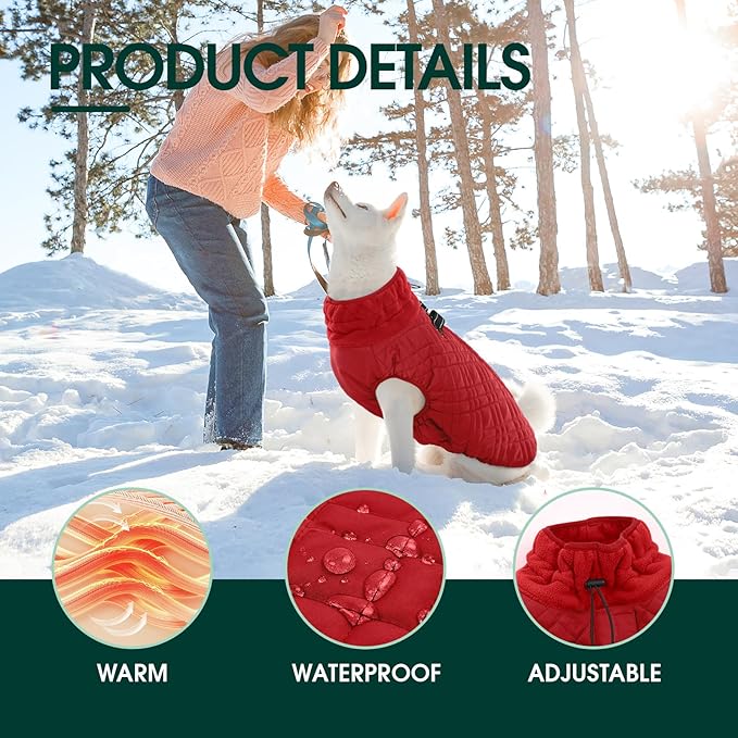 Kuoser Medium Dog Coat | All-Breed Thermal Wear with Windproof Layer | Reflective Tabs Enhance Visibility in Snow, Snap Buckles Simplify Dressing, Red L