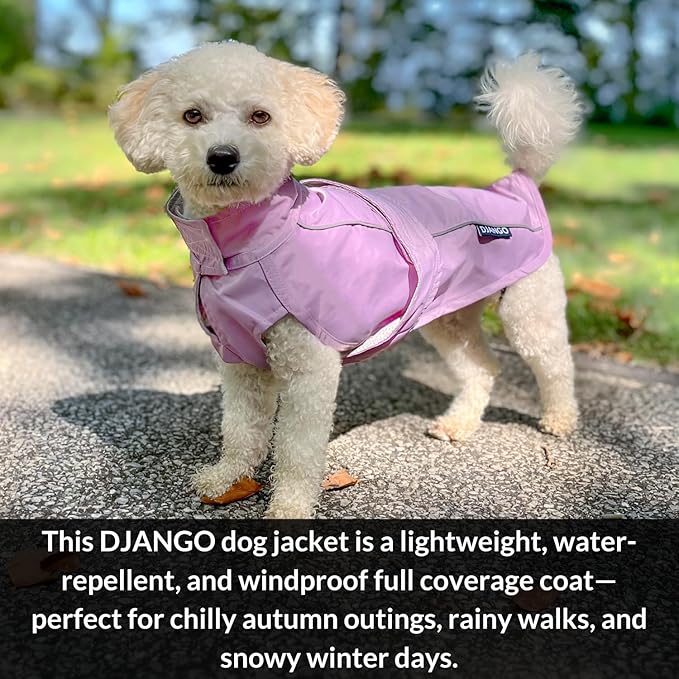 DJANGO Dog Jacket & Raincoat – Lightweight Water-Resistant Coat for Small, Medium, Long Dogs, Dachshunds – Reflective, Adjustable Fit, Harness-Compatible Easy-Access Harness Hole - Lilac Purple Medium