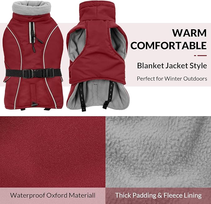 Queenmore Small Dog Coat, Winter Jacket, Waterproof Puffy Snowsuit, Adjustable Reflective Fleece Lining Warm Padding Parka for Cold Weather, Red S