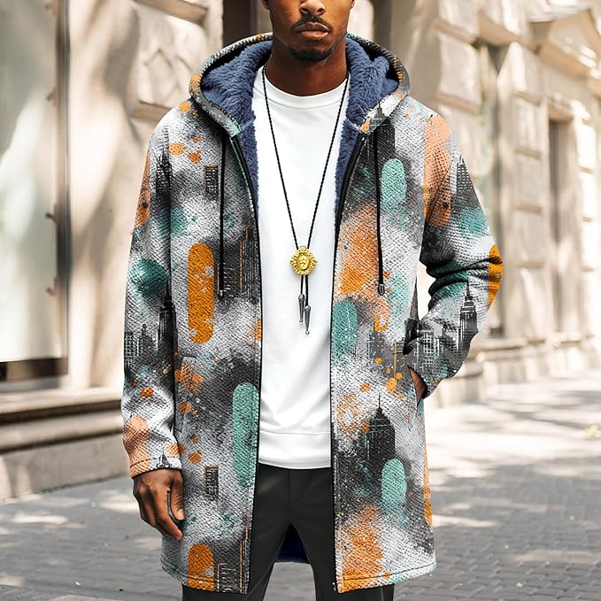 Mens Long Cardigan Hoodies Full Zip Fleece Lined Jackets Fashion Knitted Color Block Hooded Coat with Pockets