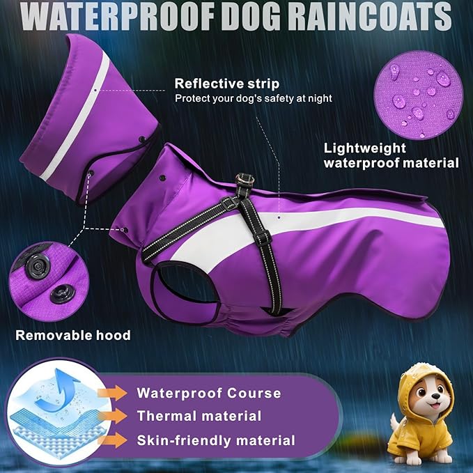 Mosucoirl Dog Raincoat Waterproof Raincoats for Dog Reflective Dogs Rain Jackets with Hood Hoodie Pet Rain Poncho Coat for Small Medium Large Dogs Puppies S-XXL (Purple, M)