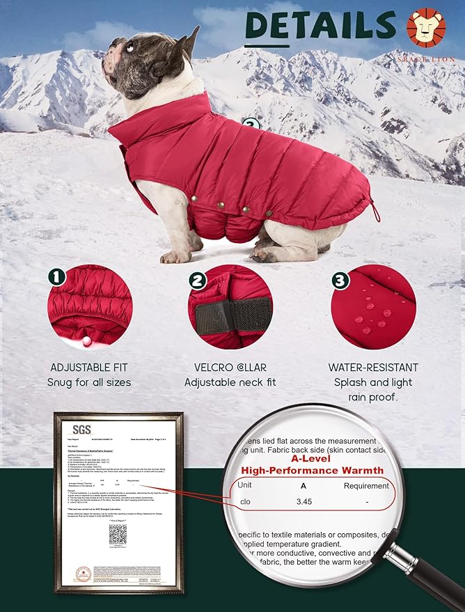 SPACE LION Dog Puffer Jacket, Down Winter Coat, Durable Outdoor Coat for Cold and Windy Conditions, Waterproof, Lightweight Jacket, Adjustable Fit for Small, Medium, Large Dogs(Red,14/L)