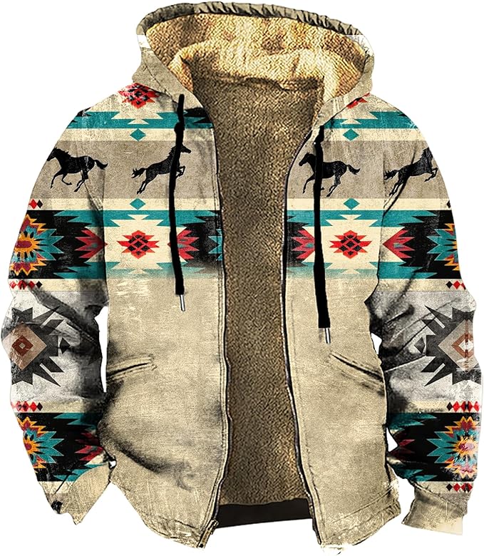 Men's Zip Up Jackets Western Style Ethnic Hoodie Hooded Vintage Long Sleeve Warm Coat Winter Outfits
