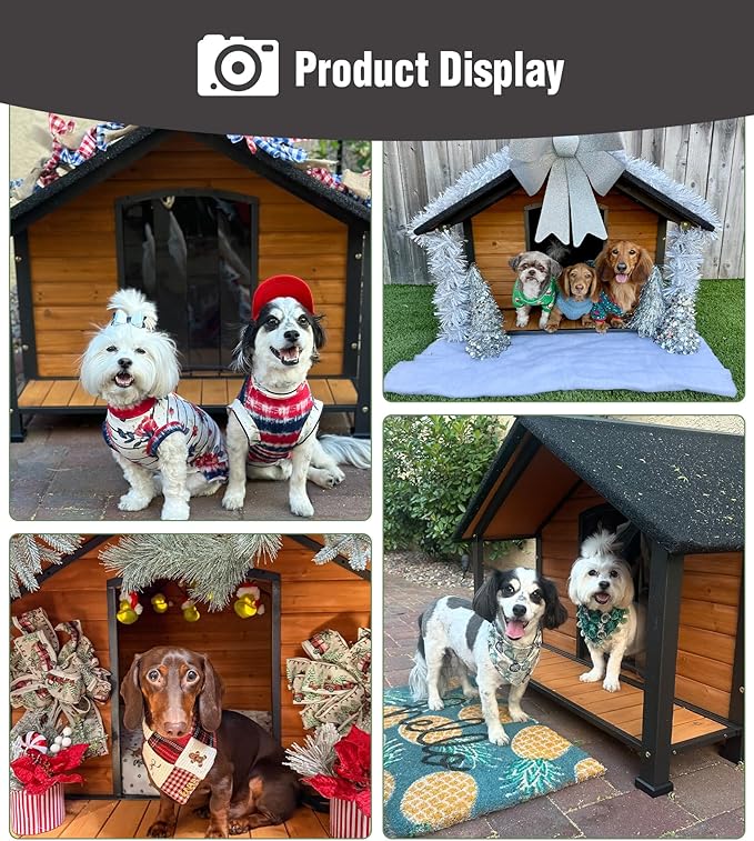 Insulated Dog House, Outdoor Dog House for Winter, Weatherproof Wooden Dog Kennel with Porch, Iron Frame, Openable Roof & Removable Floor