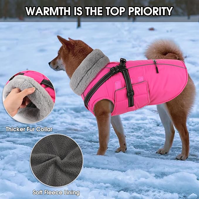 PETDSH Dog Coat Large, Built-in Harness Dog Jacket with Warm Fleece Lining, Waterproof Reflective Dogs Winter Coat, Pet Coats with Pocket and Trash Bags (Pink, XXX-Large)
