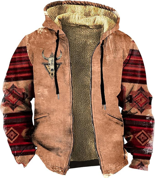 Men's Zip Up Jackets Western Style Ethnic Hoodie Hooded Vintage Long Sleeve Warm Coat Winter Outfits
