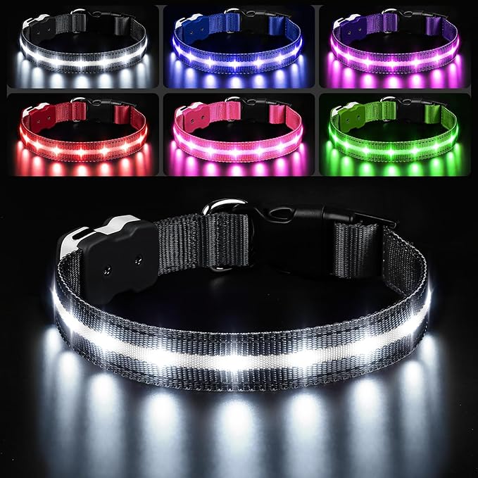 PcEoTllar Light Up Dog Collars, Led Dog Collar, Rechargeable, Night Walking, Waterproof, Glow in The Dark Dog Collars Light for Large Small Medium Dogs, Black l