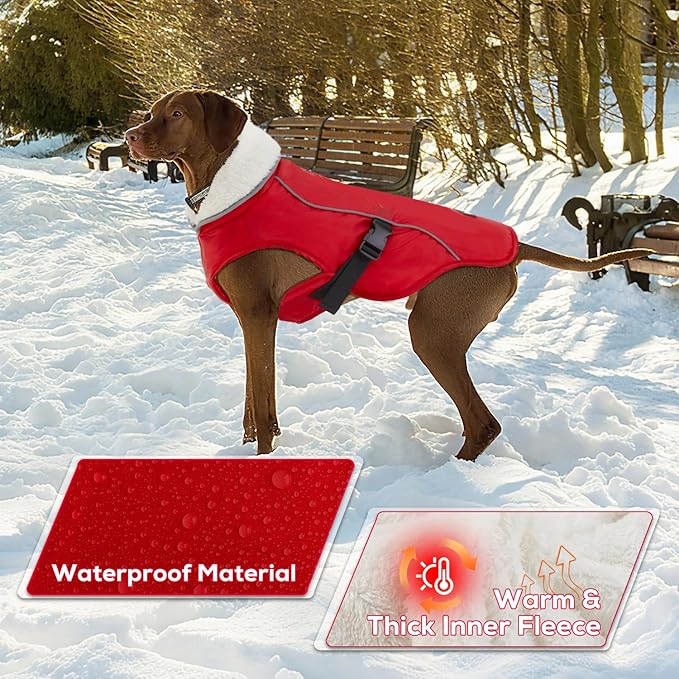 EMUST Dog Cold Weather Coats, Fleece Lining Small/Medium/Large Dog Jacket for Winter, Warm Waterproof Pet Winter Clothes for Large Dogs, Red, XL