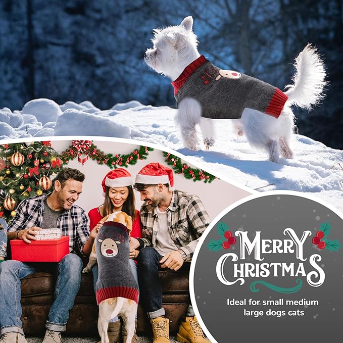PETCARE Reindeer Christmas Dog Sweater Gray Cat Sweater Vest Cartoon Elk Pet Holiday Dog Clothes Puppy Sweaters for Small Medium Large Dogs Cats Fall Winter Outfits Xmas Dogs Costume,Large