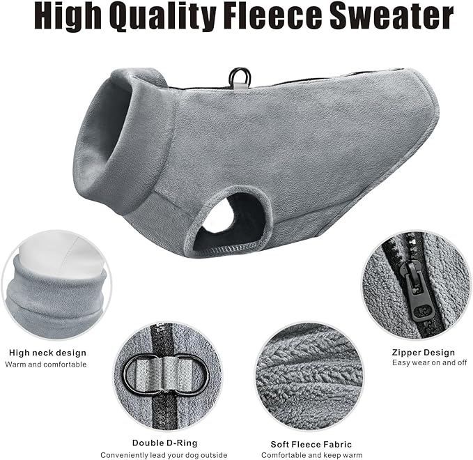 Idepet Dog Fleece Vest Sweater Zip Up Warm Pullover Dogs Jacket with D-Ring Leash Winter Cold Weater Coat Pet Sweatershirt Clothes Hoodie for Small Medium Dogs Boy Girl (Gray, L)