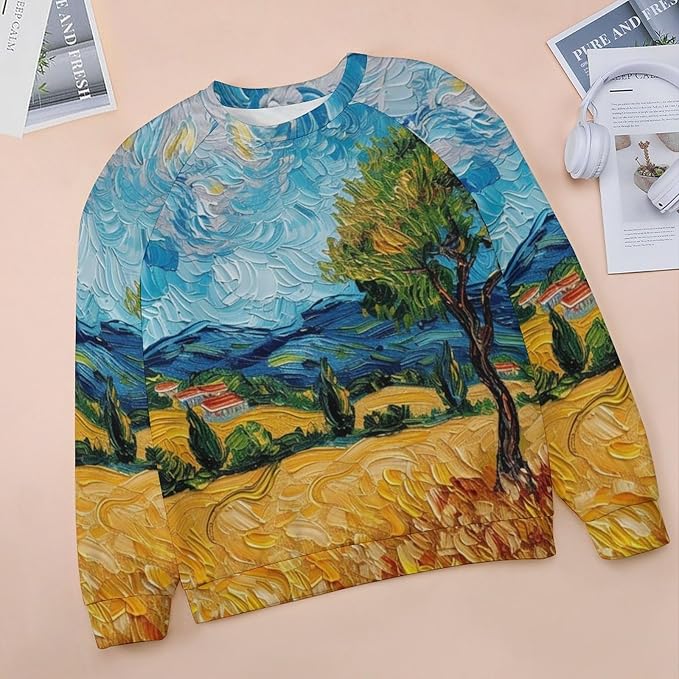 Long Sleeve Shirts for Women Cat Oil Painting Shirt 3D Graphic Sweatshirts Fall Pullover Crewneck Vintage Boho Tops