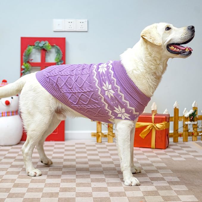 Warm Winter Pink Dog Sweater - Cold Weather Pet Clothes for Small Medium Large Dogs Indoor Outdoor, Soft Classic Knit Puppy Apparel Coat, Purple, XL